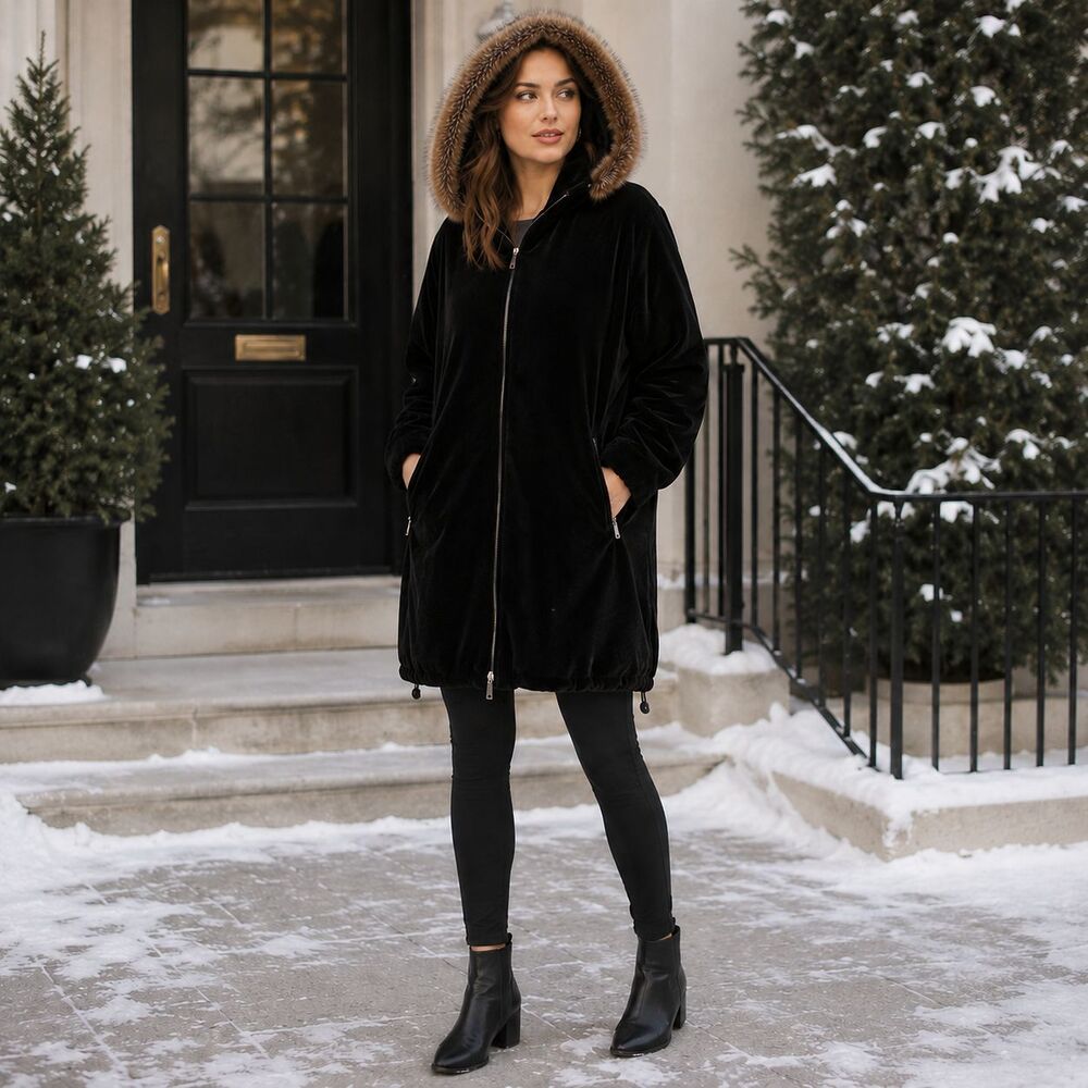 Vintage Ralph Lauren 1X Velour Faux Fur Hooded Coat Y2K Luxury Mob Wife Black